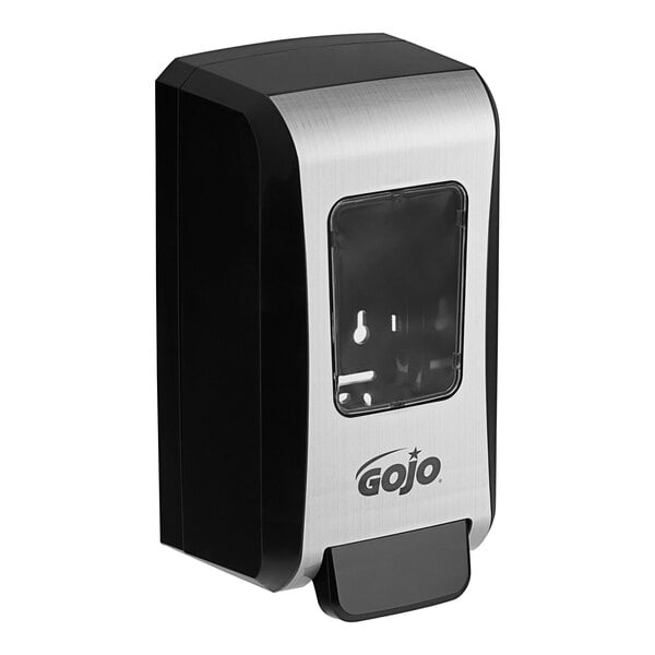 A black and silver GOJO manual soap dispenser with a black handle.