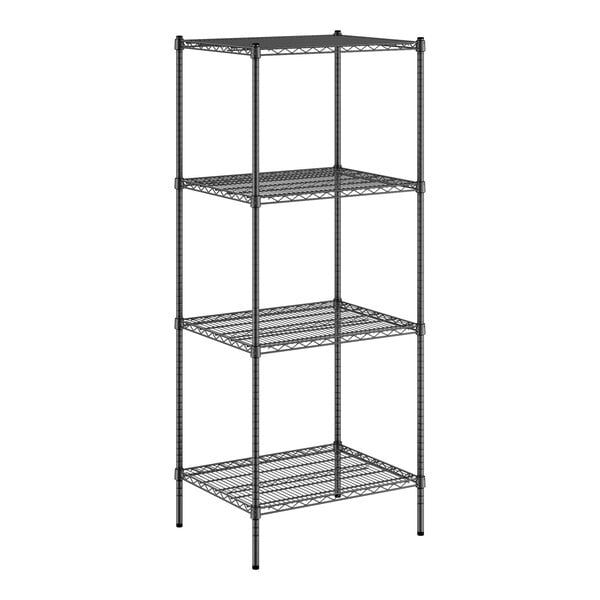 A black wire shelving unit with four shelves.