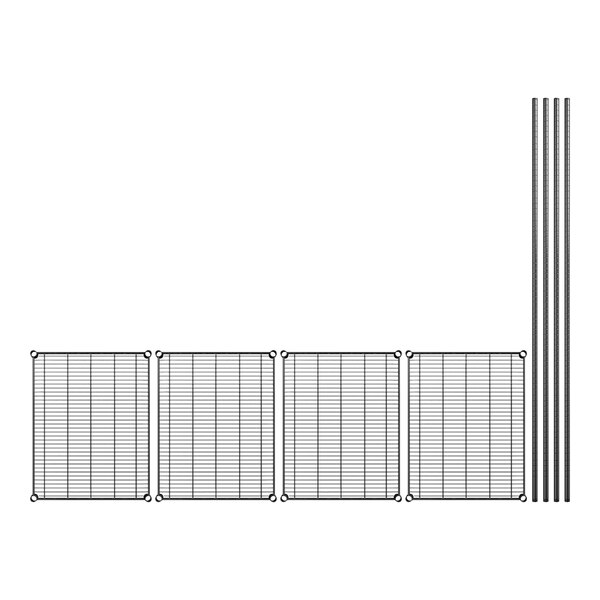 A black wire shelving kit with four shelves and poles.
