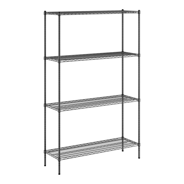 A black wire shelving unit with four shelves.