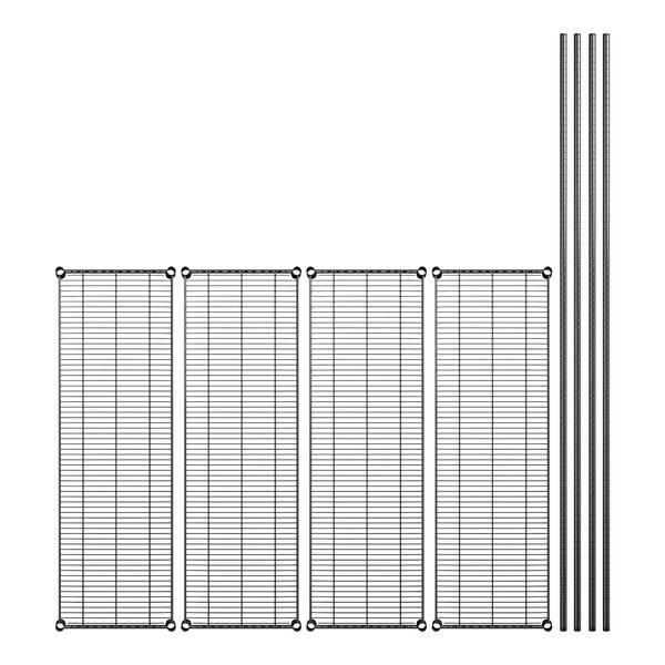 A row of wire mesh panels with several metal bars and a wire rack.
