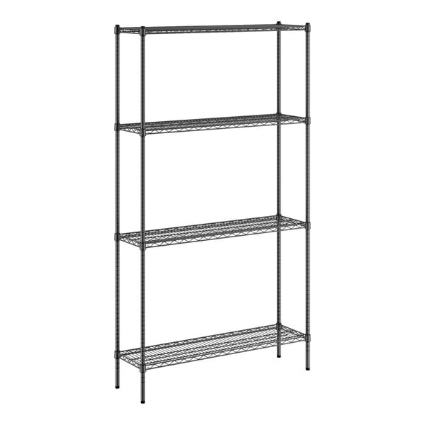 A black wire Regency shelving unit with four shelves.