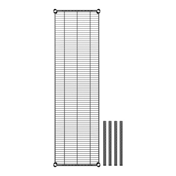 A black metal grid dunnage shelf with metal rods.