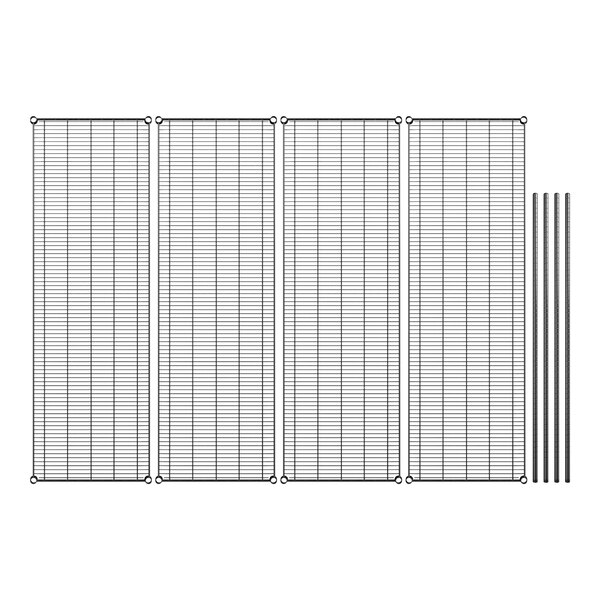 A row of black wire mesh shelves with black metal rods.