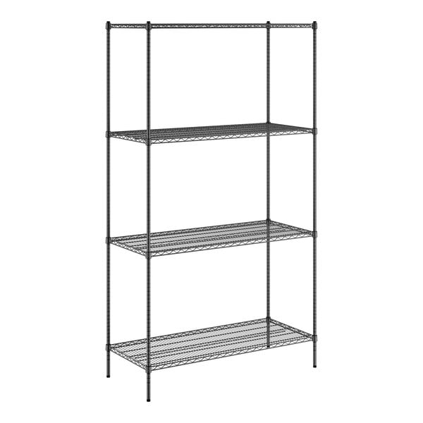 A black wire shelving unit with four shelves.