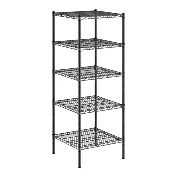 A black wire shelving unit with four shelves.