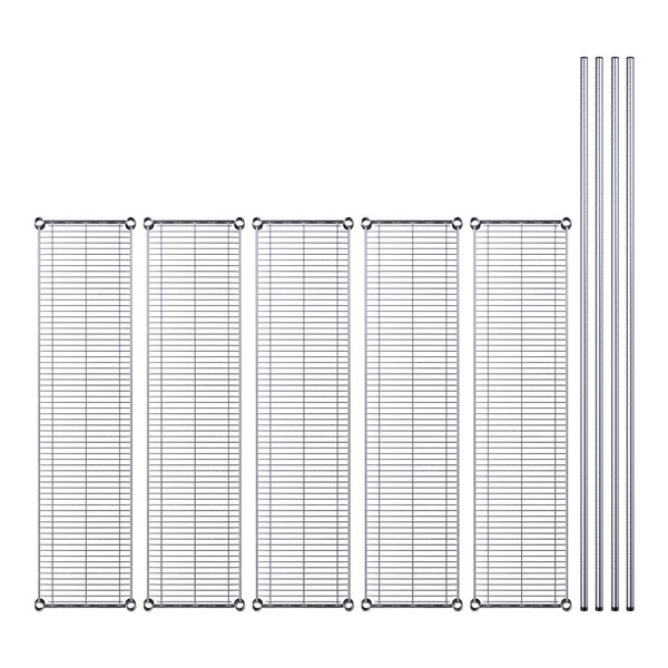 A row of Regency chrome wire shelves with metal rods.