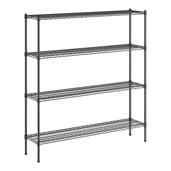 A black metal Regency wire shelving unit with four shelves.