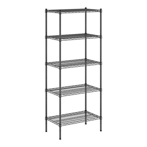 A Regency black wire shelving unit with five shelves.