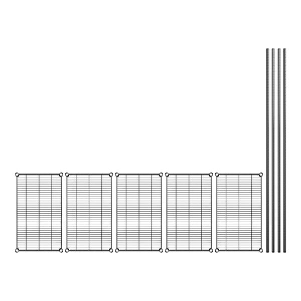 A row of black metal bars with wire mesh and metal rods.