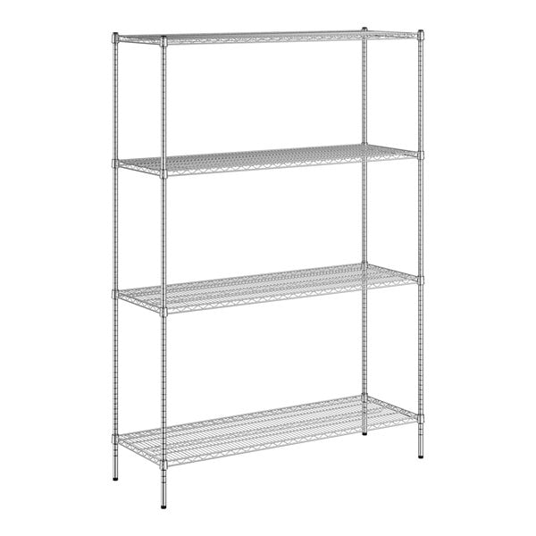 A wireframe of a Regency metal wire shelving unit with four shelves.