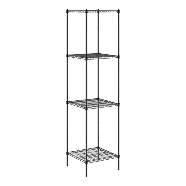 A black wire shelving unit with four shelves.