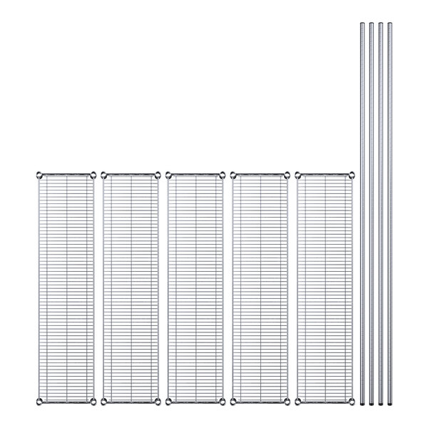 A row of metal shelves with metal rods and bars.