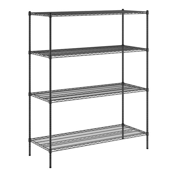 A black Regency wire shelving unit with four shelves.