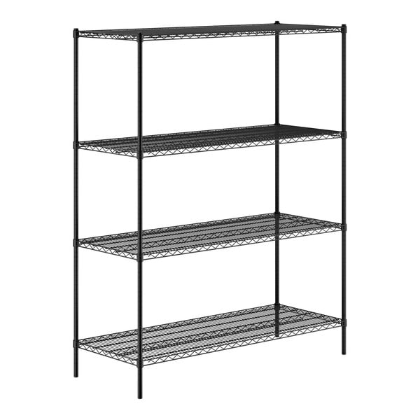 A black metal shelving unit with four wire shelves and four vertical posts.