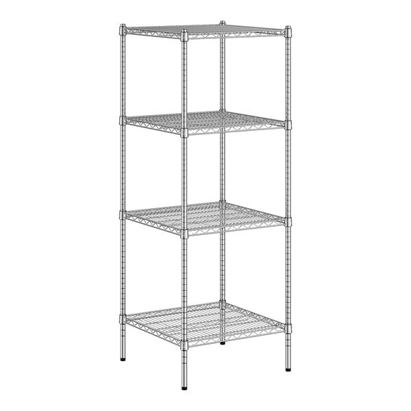 A wireframe of a Regency chrome wire shelving unit with four shelves.