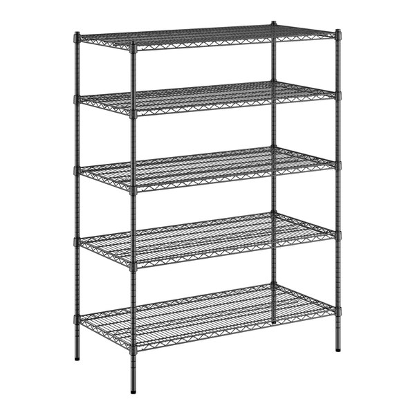 A black wire shelving unit with four shelves.