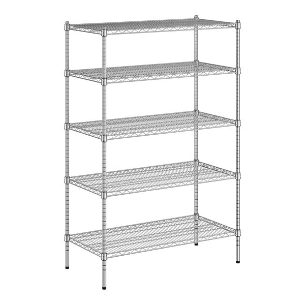 A wireframe of a Regency metal wire shelving unit with four shelves.