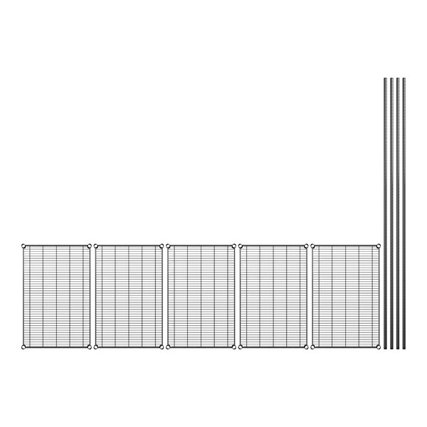A row of black wire mesh panels on black wire shelving.
