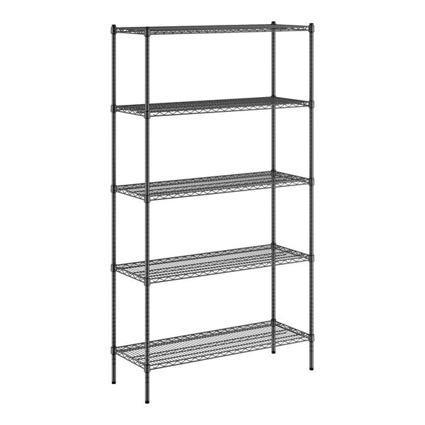 A black metal Regency wire shelving unit with four shelves.