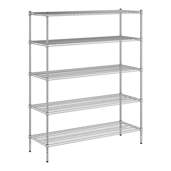 A white wireframe of a Regency metal shelving unit with four shelves.