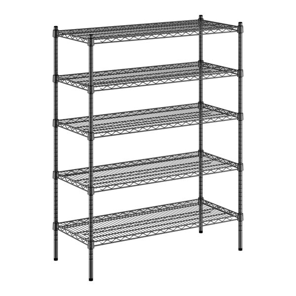 A black metal Regency wire shelving unit with five shelves.