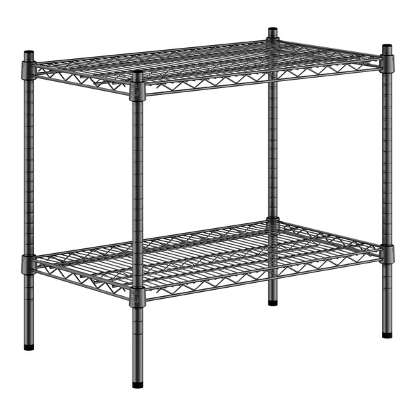 A black metal Regency wire shelving kit with two shelves and black legs.