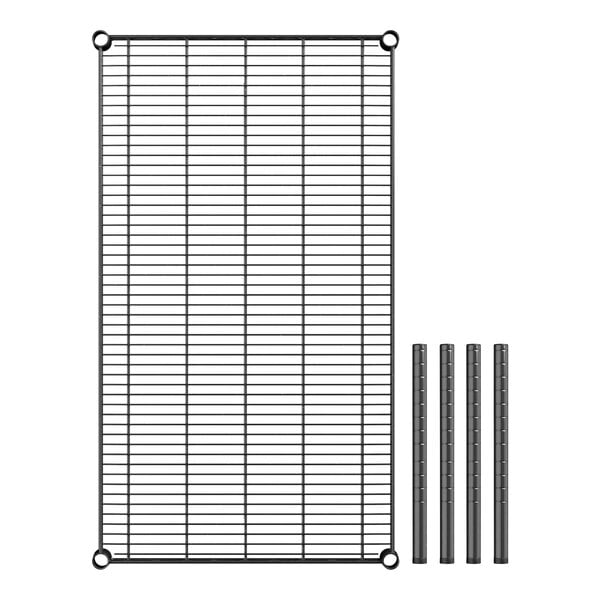 A black wire rack with four metal rods.