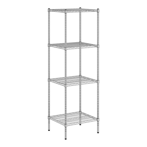 A white wireframe metal Regency shelving unit with four shelves.