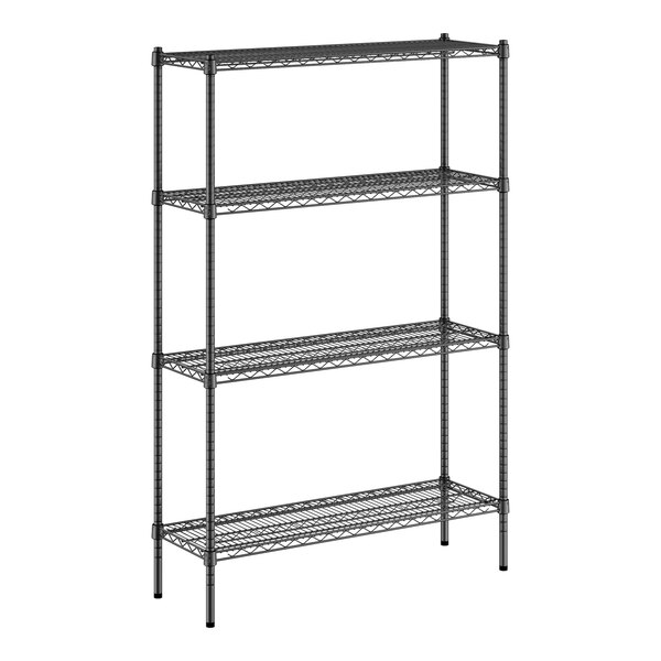 A black wire Regency shelving unit with four shelves.