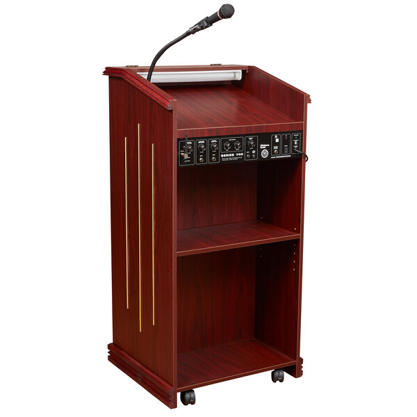 a wooden podium with switches and knobs