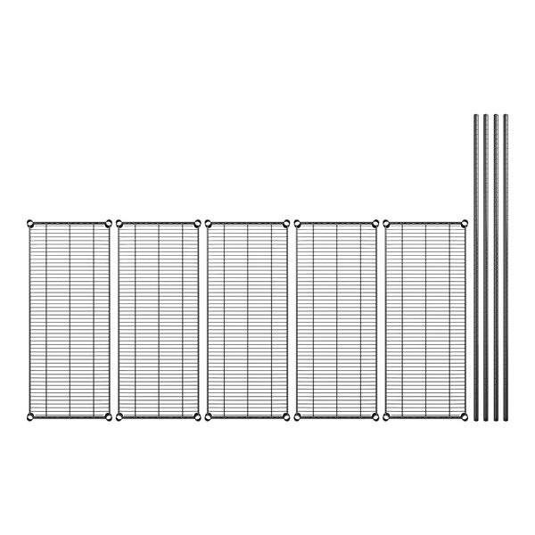 A set of black wire shelves with four black poles.