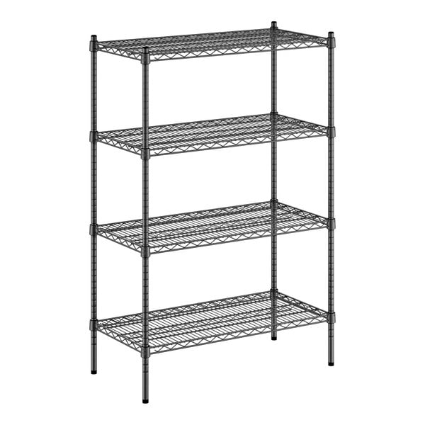 A black metal Regency wire shelving unit with four shelves.