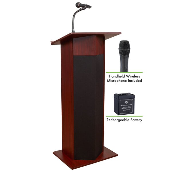 A mahogany Oklahoma Sound Power Plus lectern with a wireless microphone.