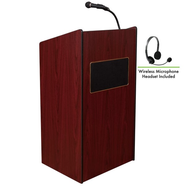 A mahogany wooden lectern with a microphone and wireless headset.