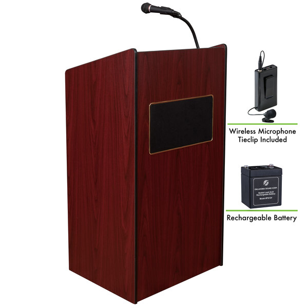 A mahogany wooden lectern with a microphone and rechargeable battery.