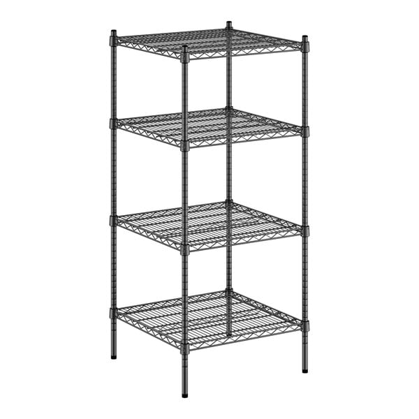 A black wire shelving unit with four shelves.