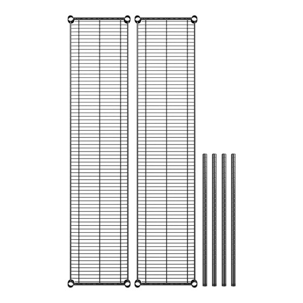 Two black metal wire shelves with black metal rods on a white background.