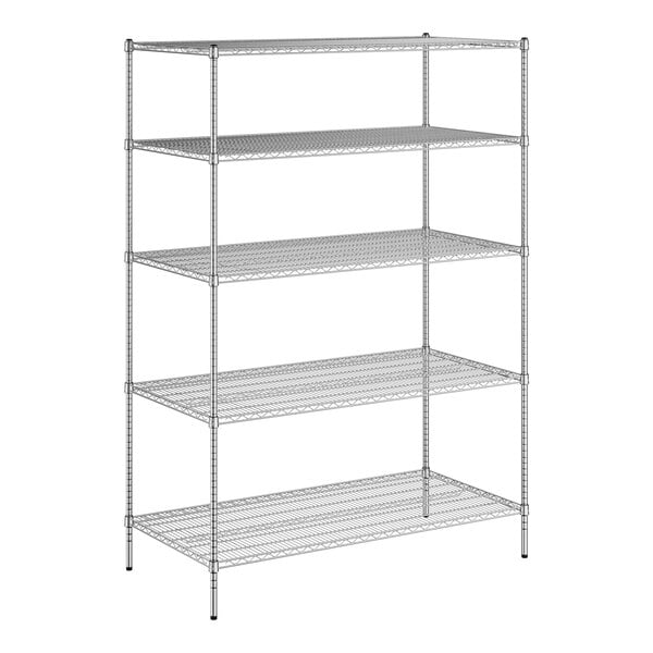 A wireframe of a Regency chrome wire shelving unit with four shelves.