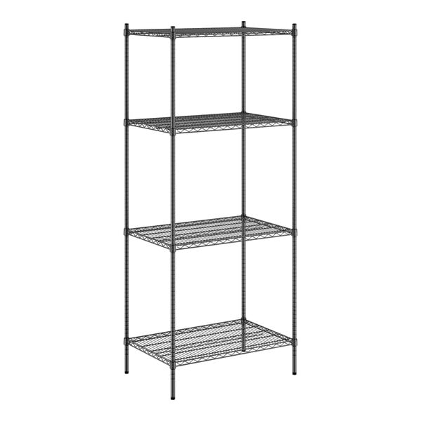 A black wire Regency shelving unit with four metal shelves.