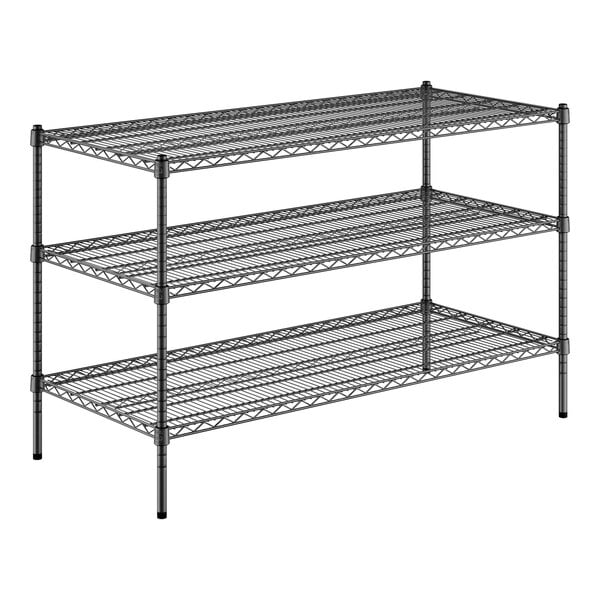 A Regency black wire shelving kit with three shelves.