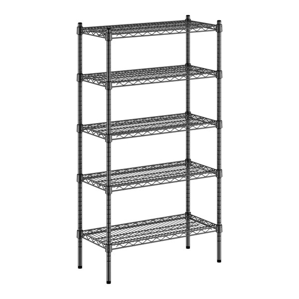 A black wire Regency shelving unit with five shelves.