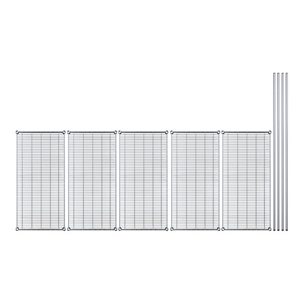 A row of metal shelves with a grid pattern on the bottom.