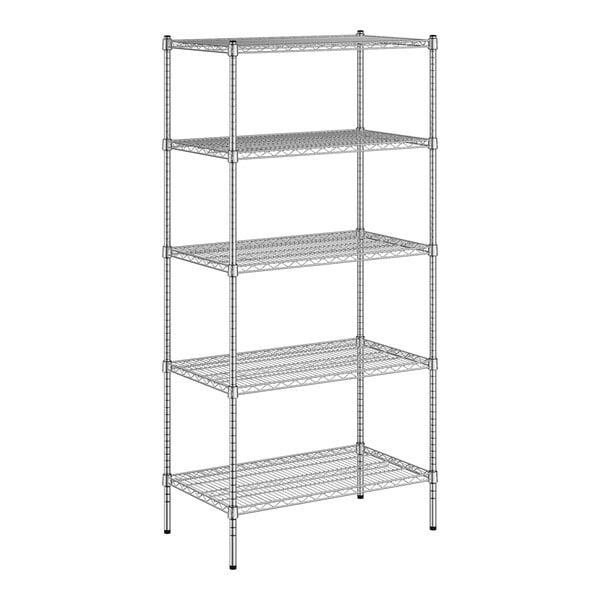 A white wireframe of a Regency metal shelving unit with four shelves.