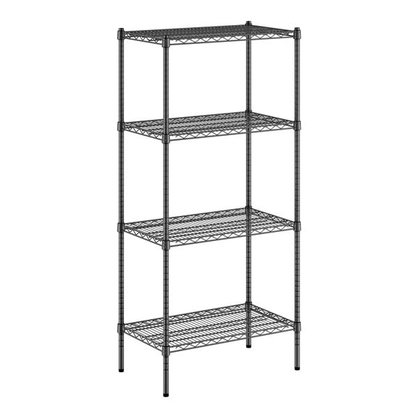 A black wire shelving unit with four shelves.