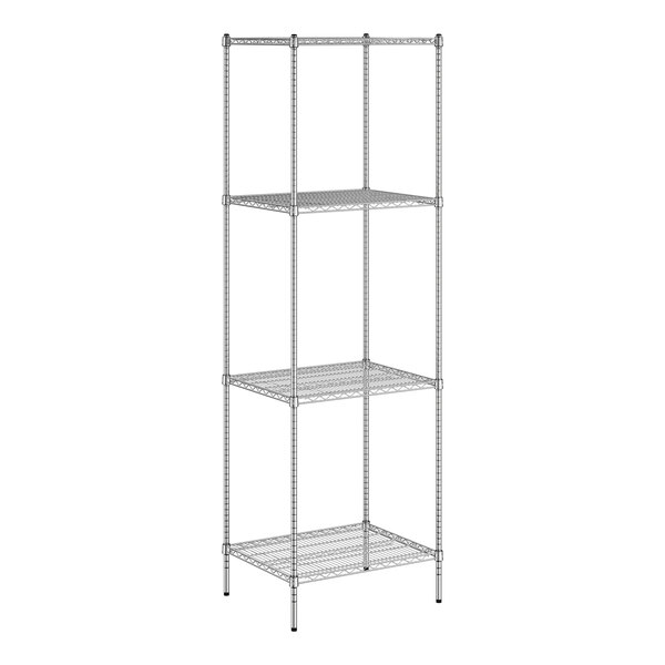 A wireframe of a Regency chrome wire shelving unit with four shelves.