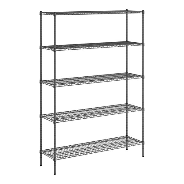 A black wire shelving unit with five shelves.