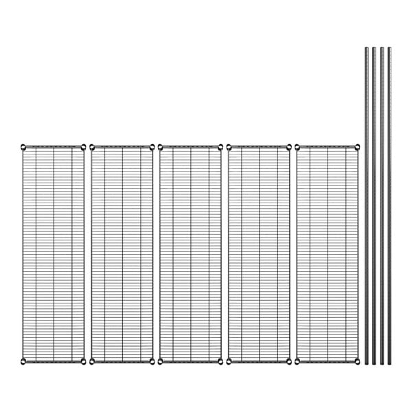 A row of black metal shelves on black metal grids.