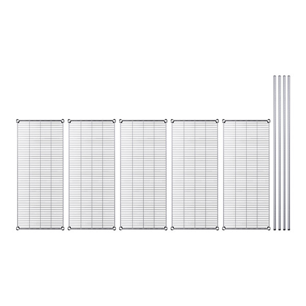 A row of metal shelves with metal poles.