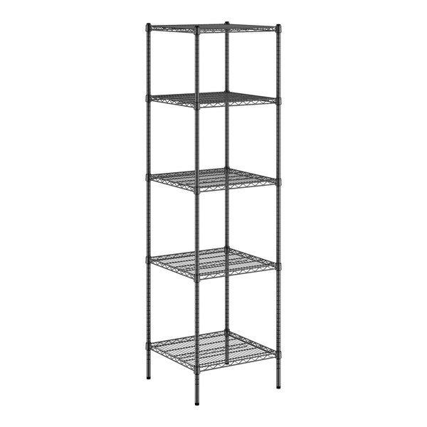 A black wire shelving unit with four shelves.